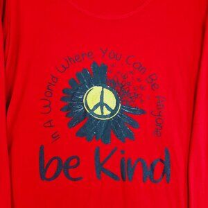 Be Kind Woman's Long Sleeve Red T Shirt With Peace Sign Daisy Tall XXL